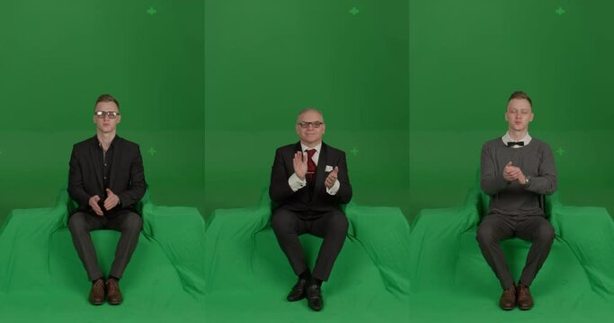 GREEN SCREEN CHROMA KEY Front view of spectators wearing formal attire applaud at their seats. Crowd replication for theater, opera, ballet. Unkeyed chairs to keep shadows