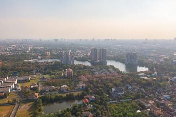 Obraz premium Aerial view of residential neighborhood. Urban housing development from above. Top view. Real estate in urban city town. Property real estate.