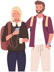 Obraz premium Happy school pupils or college students standing with books. Portrait of smiling people with backpacks. Diverse college, university students, schoolgirl and schoolboy with notebook and laptop studying