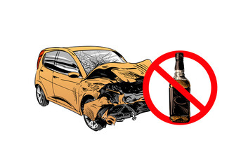 Drunk driving car crash accident. Warning sign.Alcohol bottle.  Hand drawn vector illustration