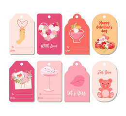 Set of Valentines day gift tags with Present box, Heart, Hand, Teddy Bear, Letter, Drink. Waffle, Lips, Glass Jar and Roses in Red, Pink, Orange. Perfect for holiday greetings, presents