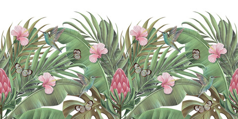 Tropical background, seamless border, pattern. Vintage jungle, green banana leaves, palm, exotic flowers, birds. Hand-painted watercolor 3D illustration. Floral foliage. Luxury wallpaper, cloth, mural - 482431799