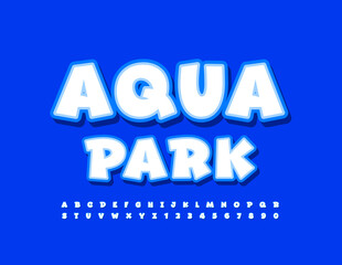 Vector funny banner Aqua Park with playful Alphabet Letters and Numbers set. Happy stickers Font for Kids
