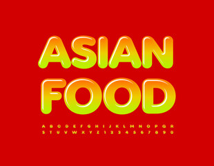 Vector bright logo Asian Food with gradient color Font. Creative shiny Alphabet Letters and Numbers set