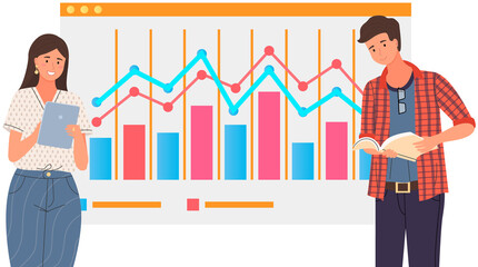 Businessteam stands in front of screen with chart, statistics. Office workers have creative idea for company finance development. Colleagues conduct analytics of statistical data, diagram on banner
