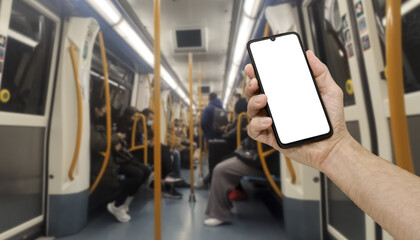 Man with isolated background phone while riding in public transport
