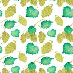 Watercolor, colorful, seamless pattern with hop sprig and cones on a white background. Pattern for St. Patrick's Day.