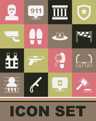 Set Judge gavel, Safety goggle glasses, Crime scene, Prison window, Footsteps, Security camera, Thief mask and Sheriff hat with badge icon. Vector