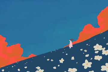 Mountain hill grass field with white flowers and woman walking alone under open sky and big cloud, cute nature and being alone illustration concept, digital painting rough chalk color style