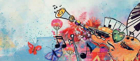 Spring music, concert. Watercolor concept banner, design element - obrazy, fototapety, plakaty