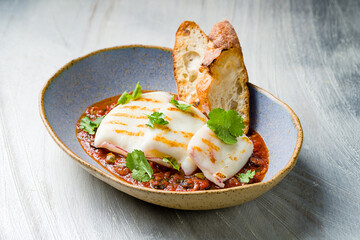 Roasted squid on board with tomato sauce and croutons on blue plate on grey table