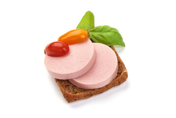 Boiled pork sausage sandwich, isolated on white background.