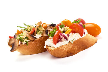 Spanish Tapas and Pinchos with cottage cheese, isolated on white background.