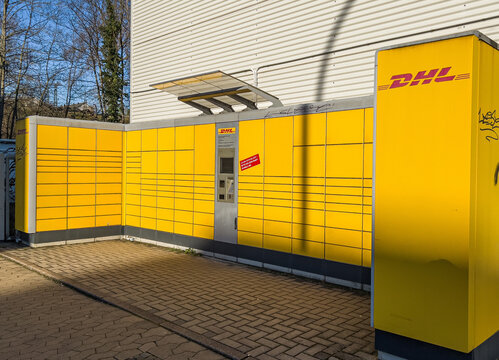 DHL Packstation for pick up and sending parcels - CITY OF SAARBRUECKEN, GERMANY - JANUARY 24, 2022