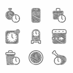Set Antique clock, Clock, Food time, Time flies on the, Waste of, Alarm app mobile, Work and is money icon. Vector