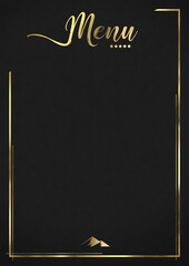 Black Luxury Restaurant Menu Background Suede with Embossed Gold Lines and Mountain Emblem Deluxe - obrazy, fototapety, plakaty