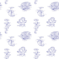 Fototapeta premium Mushroom hand drawn seamless pattern. Isolated Sketch drawing very peri line on a White background. For fabric, sketchbook, wallpaper, wrapping paper.