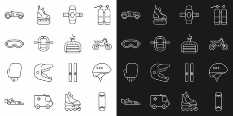 Set line Skateboard trick, Bicycle helmet, Mountain bike, Knee pads, Rafting boat, Ski goggles, Vintage sport racing car and lift icon. Vector