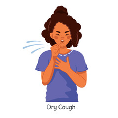 An African-American woman with symptoms of respiratory disease. The sick girl has a dry cough. The woman suffers from asthma, allergy or a cold. Isolated vector illustration on a white background