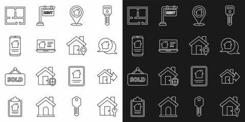 Set line House with key, Sale house, Real estate message, Location, Online real, plan and icon. Vector