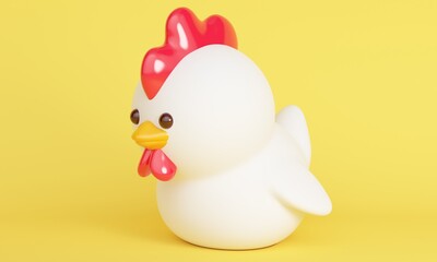 Cute little chicken on yellow background. 3d rendering