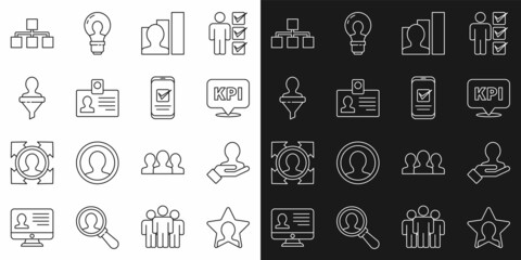 Set line Head hunting, Hand for search people, Key performance indicator, Productive human, Identification badge, Hierarchy organogram chart and Smartphone icon. Vector