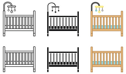 Baby Crib with Mobile Clipart Set - Outline, Silhouette and Color - obrazy, fototapety, plakaty