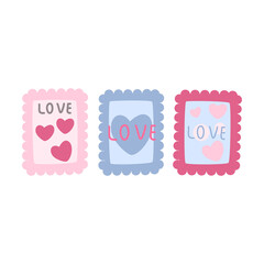Love postage stamps. Romantic theme. Valentine's Day. Vector illustration in flat cartoon style.
