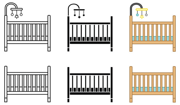 Baby Crib with Mobile Clipart Set - Outline, Silhouette and Color