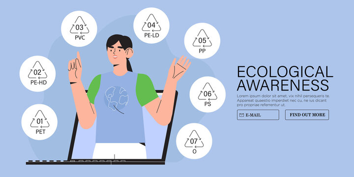Ecofriendly activist or teacher on laptop screen speak about the importance or right waste sorting and resycle. Recycle and sustainable lyfestyle online seminar or conference call banner, web page.