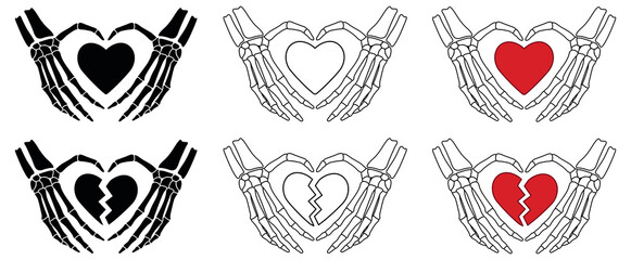 Skeleton Hands with a Heart and Broken Heart Clipart Set - Outline, Silhouette and Color