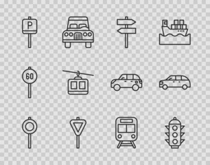 Set line Road traffic signpost, Traffic light, Parking, Cable car, Train and railway and Hatchback icon. Vector