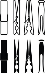 Wood Clothes Pin Clipart Set - Outline and Silhouette