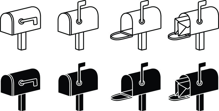 Mailbox Outline and Silhouette Clipart Set - Closed, Flag up, Open and With Mail