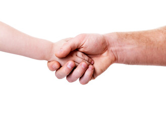 Father and child shake hands, isolated on white background. Man and kid made a deal or agreement. Continuity of generations, family values, love for neighbors, help and support concept.