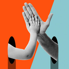 Hands. Grandmother leads her grandson. Modern design with positive context. Continuity of...