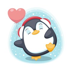 Cute chubby penguin with heart shaped balloon and headphones dancing on the snowy background. Vector illustration.