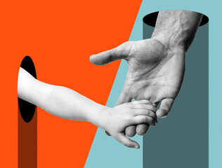 Hands. Father leads his son. Modern design with positive context. Continuity of generations, family values, love for neighbors, help and support concept. Сontemporary art collage