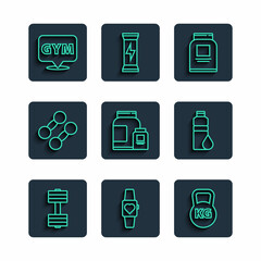 Set line Dumbbell, Smartwatch, Kettlebell, Sports nutrition, Location gym and Fitness shaker icon. Vector
