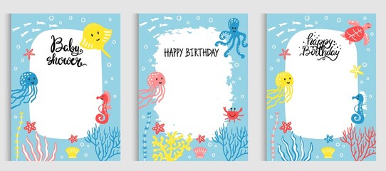 Cute sea animals vector illustration set for posters, cards for design, t-shirt, invitation, baby shower, birthday, room decor, print, pillow, kids interior decoration, baby clothes.
