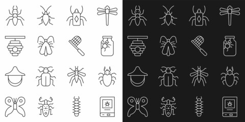 Set line Book about insect, Beetle deer, Spider jar, bug, Clothes moth, Hive for bees, Ant and Butterfly net icon. Vector