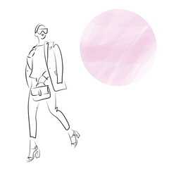 Modern fashion vector illustration of abstract young woman wearing elegant off-season urban clothes and walking streets with bag, quick sketch
