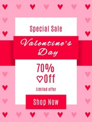 Fototapeta na wymiar Special sale valentine's day 70% off limited offer, shop now. Seventy percent off, Valentine's day discount banner. 