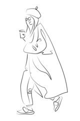 Hand drawn modern fashion illustration of abstract young woman wearing elegant off-season urban clothes and walking streets with coffee and bag