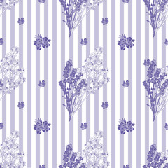 vector seamless pattern with a bouquet and lavender flowers with vertical stripes