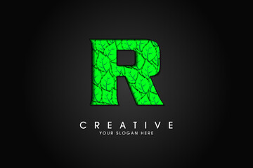 R initial letter logo with leaves. Ecological font. Green Leaves font. Vector illustration.