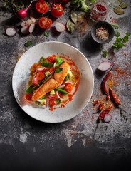 Grilled salmon with vegetables on a decorated background