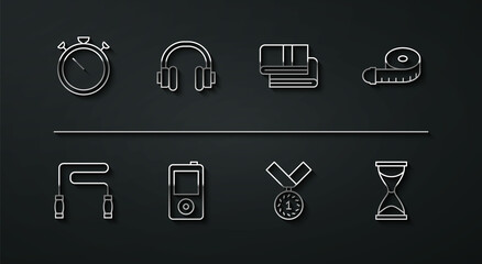 Set line Stopwatch, Jump rope, Tape measure, Medal, Music player, Headphones, Old hourglass and Towel stack icon. Vector