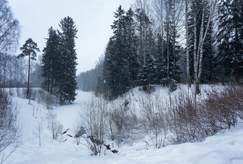 Winter landscape with a snow-covered river near the forest