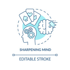 Sharpening mind turquoise concept icon. Brain training. Gambling positive traits abstract idea thin line illustration. Isolated outline drawing. Editable stroke. Arial, Myriad Pro-Bold fonts used